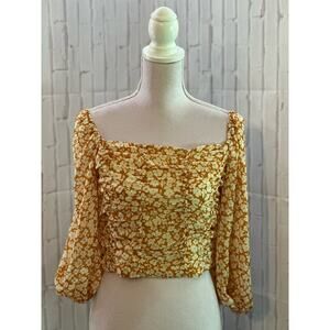 In the Beginning Mustard & Beige Off the Shoulders Ruched Top Sz L